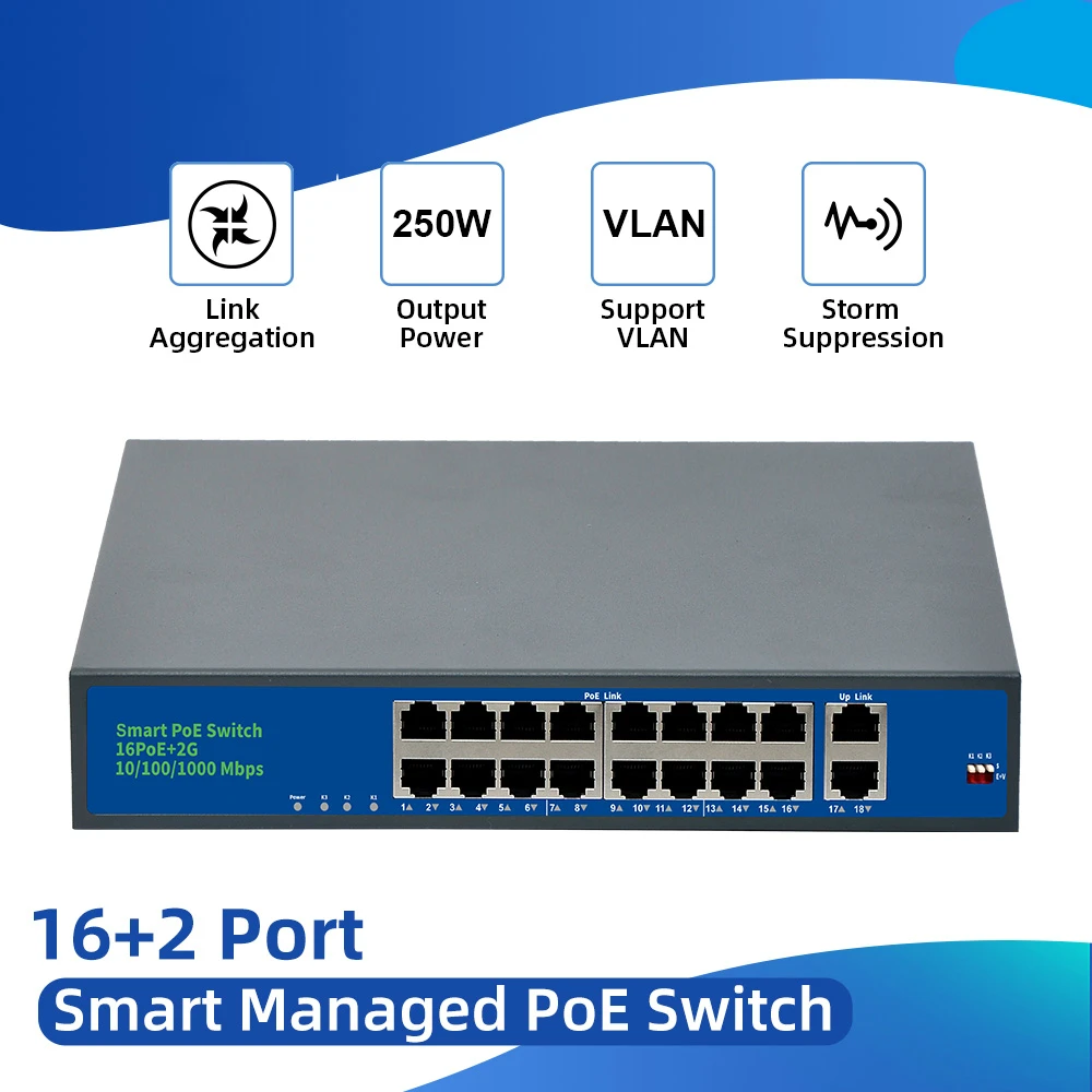 16 + 2 POE-коммутатора со стандартным портом RJ45 IEEE 802.3 af/at, 18-портовый сетевой коммутатор Ethernet со скоростью 10/100 Мбит/с для POE-камер 0