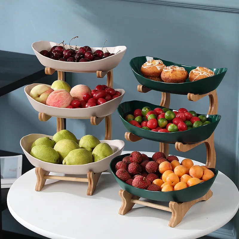 2 Яруса Пластиковых фруктовых тарелок с деревянным держателем, Овальные сервировочные чаши для праздничной еды, Серверная витрина, полки для посуды с фруктами и конфетами 0