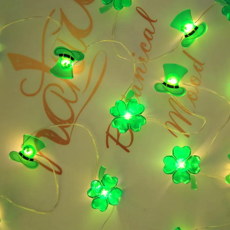 2 м 20 Светодиодных светодиодных фонарей Святого Патрика, гирлянда для Ирландского Карнавала, Зеленая шляпа, Четырехлистный клевер, Декоративная цветная гирлянда 1
