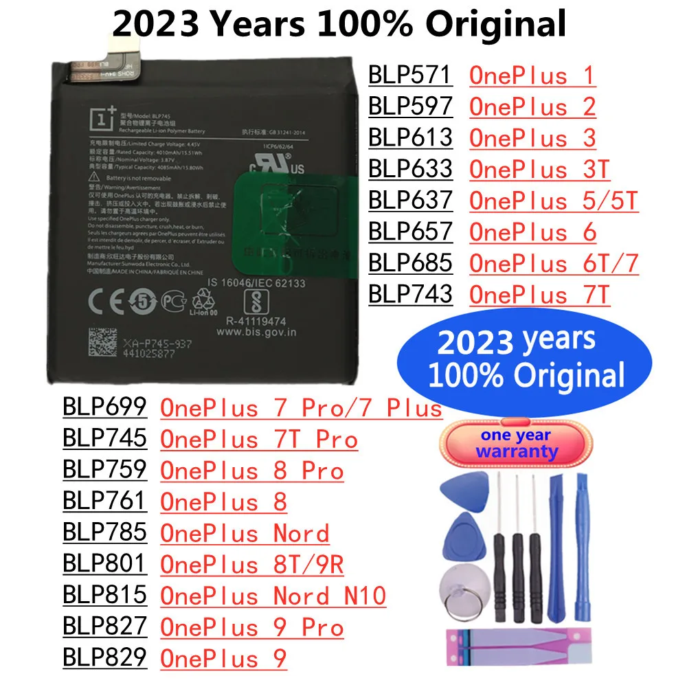 2023 Года Новый Оригинальный Аккумулятор Для OnePlus 1 2 3 3T 5 5T 6 6T 7 Pro 7Pro 7Plus Plus 7T Pro 8 Pro 8T 9R Nord N10 9 Pro Батареи 0