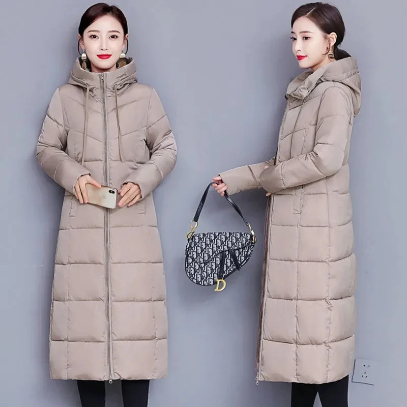 2023 Новая женская парка, Зимняя куртка, Длинные пальто, толстое теплое пуховое хлопковое базовое пальто, Модная тонкая верхняя одежда в корейском стиле 0