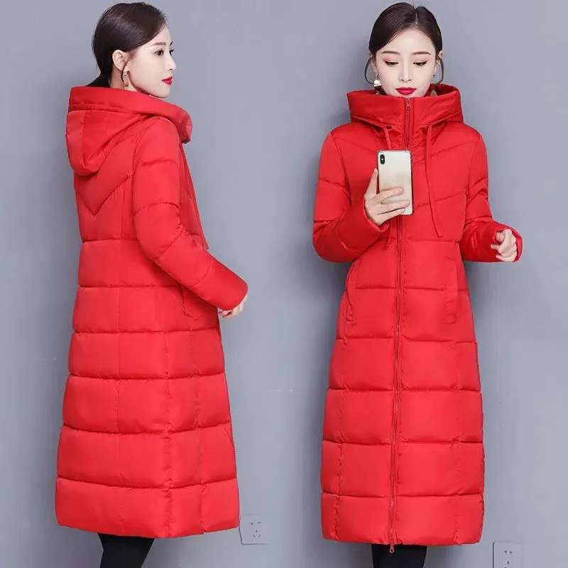 2023 Новая женская парка, Зимняя куртка, Длинные пальто, толстое теплое пуховое хлопковое базовое пальто, Модная тонкая верхняя одежда в корейском стиле 5