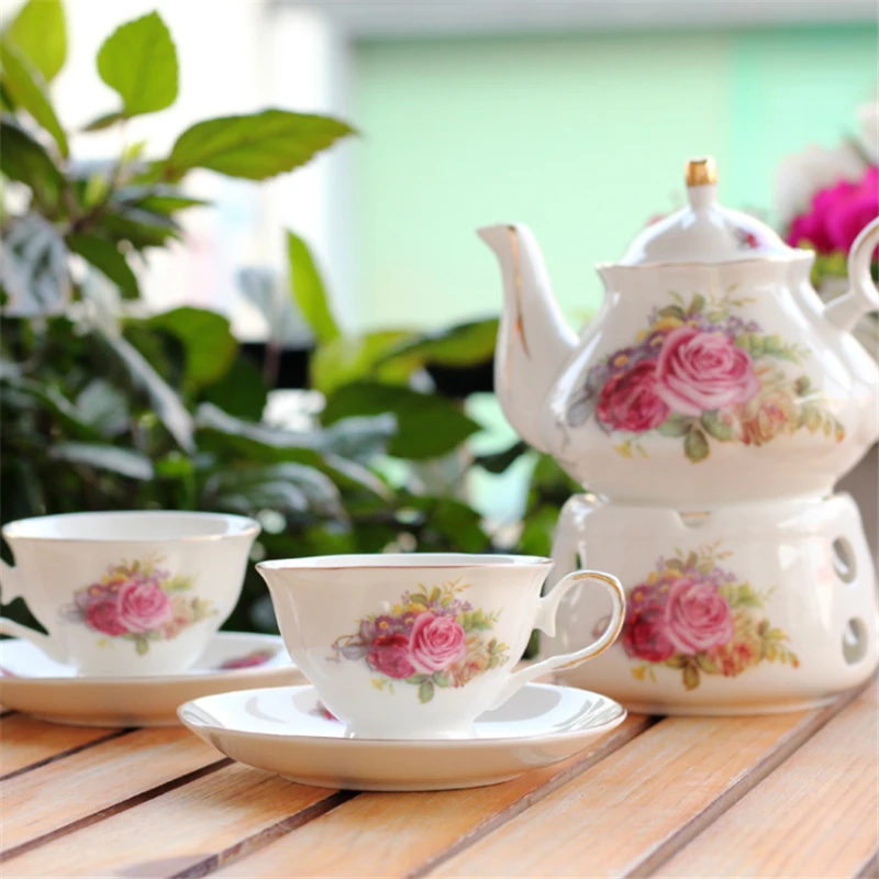 6шт Европейский Керамический Цветочный Чайный Сервиз Британский Послеобеденный Черный Чайный Сервиз Нагреваемый Стеклянный Чайник Фарфоровые Чайные Чашки И Блюдца 3