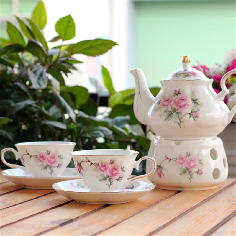 6шт Европейский Керамический Цветочный Чайный Сервиз Британский Послеобеденный Черный Чайный Сервиз Нагреваемый Стеклянный Чайник Фарфоровые Чайные Чашки И Блюдца 4