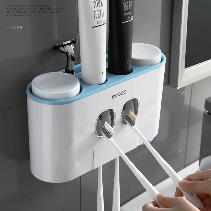 ECOCO Новый Настенный Автоматический Дозатор зубной пасты с 4 чашками, Адсорбционная подставка для хранения зубных щеток, Аксессуары для ванной комнаты 2