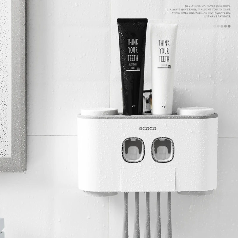 ECOCO Новый Настенный Автоматический Дозатор зубной пасты с 4 чашками, Адсорбционная подставка для хранения зубных щеток, Аксессуары для ванной комнаты 3