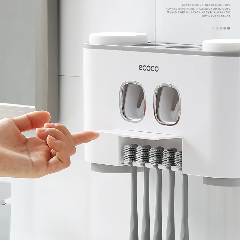 ECOCO Новый Настенный Автоматический Дозатор зубной пасты с 4 чашками, Адсорбционная подставка для хранения зубных щеток, Аксессуары для ванной комнаты 4