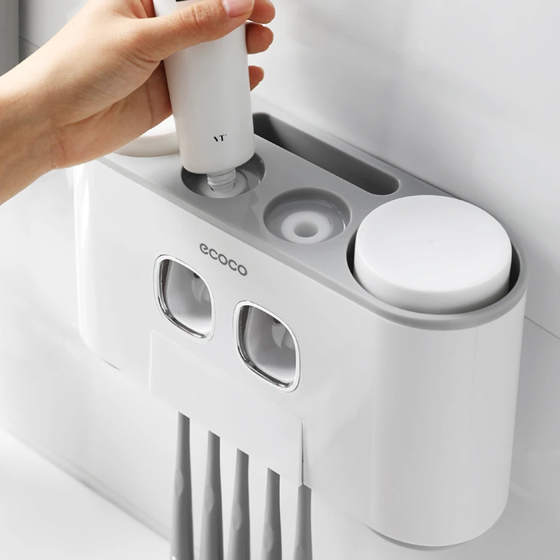 ECOCO Новый Настенный Автоматический Дозатор зубной пасты с 4 чашками, Адсорбционная подставка для хранения зубных щеток, Аксессуары для ванной комнаты 5