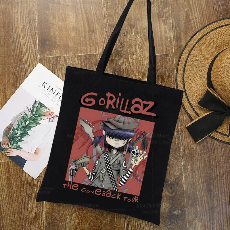 Gorillaz, Мультяшная современная музыкальная группа, Большая Женская сумка для покупок, Холщовая сумка-тоут, сумки через плечо, Хозяйственная сумка, Сумки из черной ткани, Эко 0