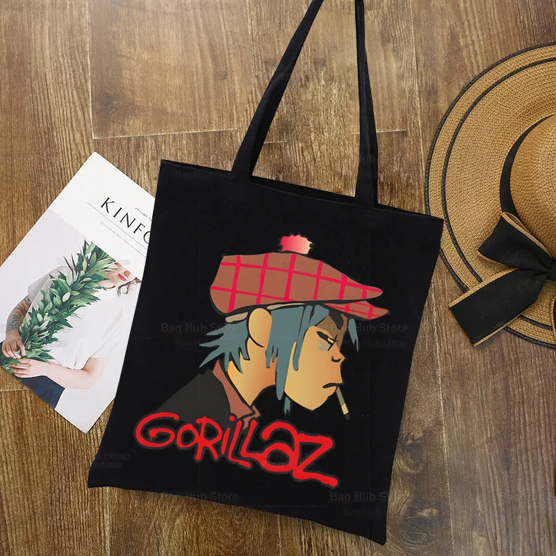 Gorillaz, Мультяшная современная музыкальная группа, Большая Женская сумка для покупок, Холщовая сумка-тоут, сумки через плечо, Хозяйственная сумка, Сумки из черной ткани, Эко 3