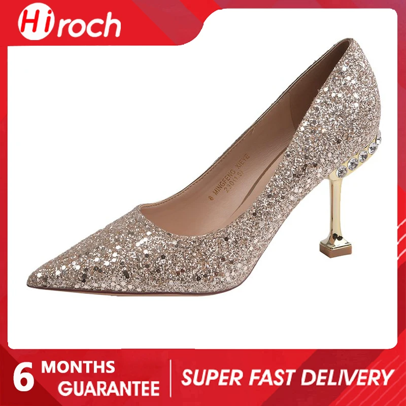HiRoch, весенне-осенние женские туфли на высоком каблуке 7 см, цвета: золотистый, серебристый, на шпильке, с острым носком, без застежки, из искусственной кожи, Повседневная женская обувь 0
