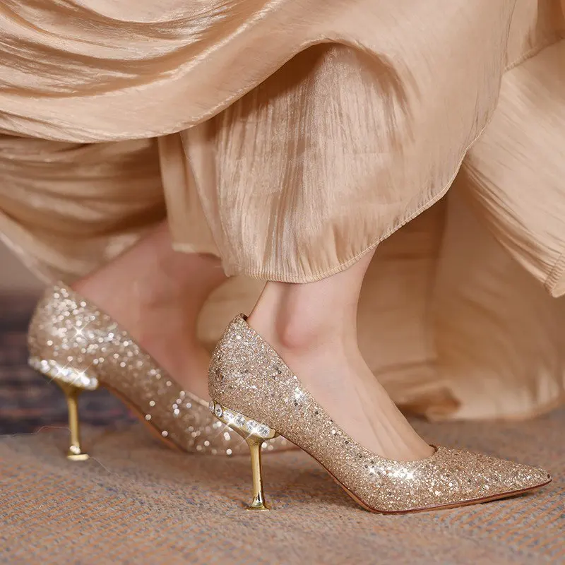 HiRoch, весенне-осенние женские туфли на высоком каблуке 7 см, цвета: золотистый, серебристый, на шпильке, с острым носком, без застежки, из искусственной кожи, Повседневная женская обувь 1