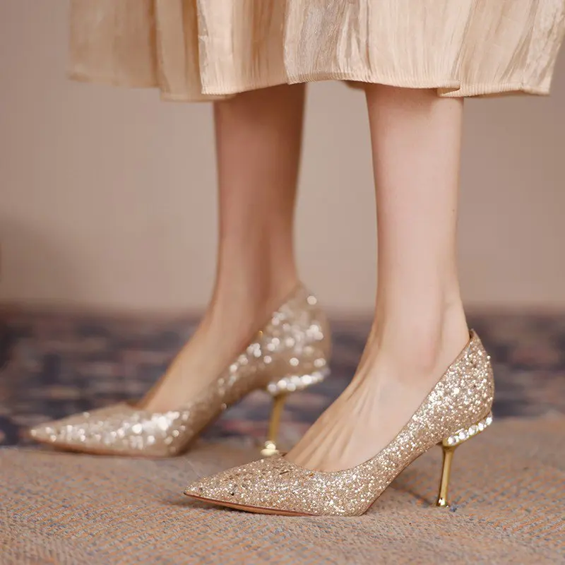 HiRoch, весенне-осенние женские туфли на высоком каблуке 7 см, цвета: золотистый, серебристый, на шпильке, с острым носком, без застежки, из искусственной кожи, Повседневная женская обувь 2
