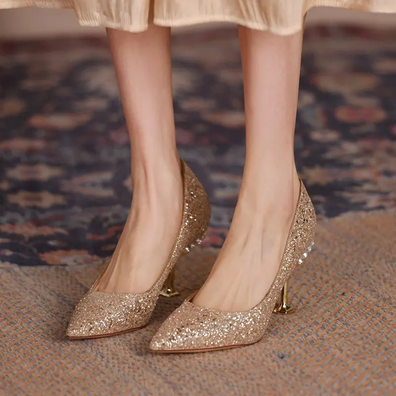 HiRoch, весенне-осенние женские туфли на высоком каблуке 7 см, цвета: золотистый, серебристый, на шпильке, с острым носком, без застежки, из искусственной кожи, Повседневная женская обувь 5