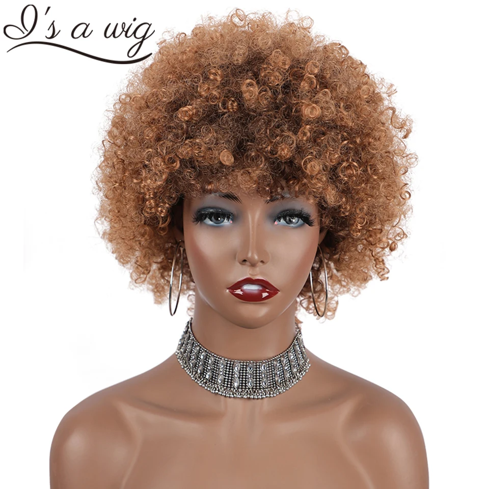 I's a wig Короткие афро-кудрявые коричневые синтетические парики для женщин Темно-коричневые натуральные парики для ежедневного использования из термостойкого волокна 0