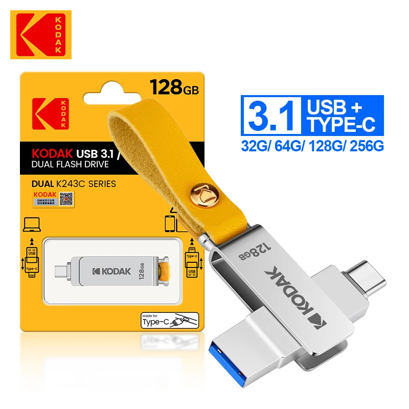 Kodak OTG USB флэш-накопитель 128 ГБ Type C Флешка K243C Металлическая USB3.1 64 ГБ 132 ГБ 2 в 1 U-дисковый накопитель для ключей Смартфон Ноутбук 0