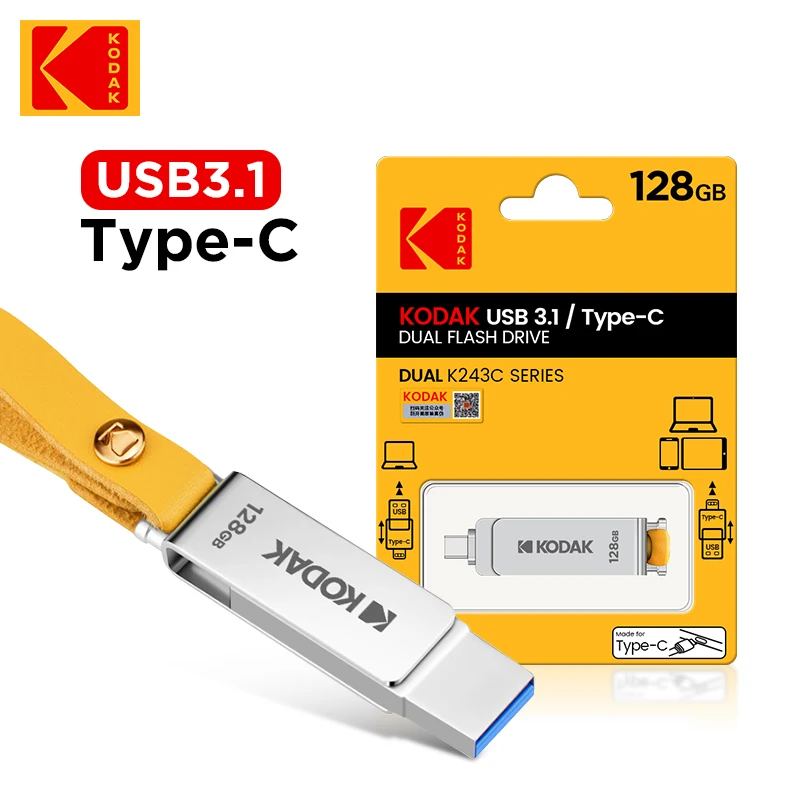 Kodak OTG USB флэш-накопитель 128 ГБ Type C Флешка K243C Металлическая USB3.1 64 ГБ 132 ГБ 2 в 1 U-дисковый накопитель для ключей Смартфон Ноутбук 1