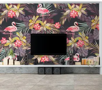 Обои настенные фламинго тропические растения черный фон стены украшение дома гостиная спальня 3D обои