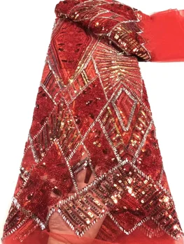 Красные Французские Блестки Свадебная Тюлевая Кружевная Ткань 2023, Высококачественные Африканские Нигерийские Бусины, Сетчатая ткань Для вечернего платья