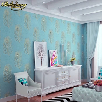 обои с вышивкой beibehang, континентальное сверление, нетканый материал, голубое перо павлина, спальня, гостиная, ТВ-фон, стена