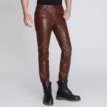 Модные мужские брюки из натуральной кожи, мотоциклетные винтажные брюки из натуральной кожи, овчины, черные коричневые брюки-карандаш, Размер 4XL