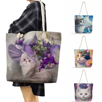 Милые сумки с цветочным животным принтом, Дорожные Пляжные Сумки, Толстая Веревочная сумка, Кошка, Женские Большие сумки для покупок, Модная Уличная сумка через плечо
