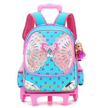 Школьная сумка-тележка для девочки, 2 колеса, школьный рюкзак на колесиках, искусственная кожа, 6 колес, школьный рюкзак на колесах, школьная сумка с тележкой