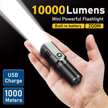 10000 Люмен Мини Мощный светодиодный фонарик XHP50, встроенный аккумулятор, 3 режима работы, USB Перезаряжаемая вспышка, EDC Факел, лампы-фонарики