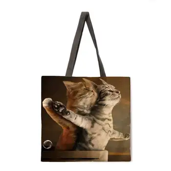 Многоразовая сумка для покупок Cat Story Женская модная пляжная сумка через плечо из льняной ткани Сумка-тоут