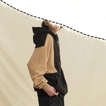 Свитер контрастного цвета, мужское свободное пальто из плотного флиса, реглан, рубашка на молнии с капюшоном для влюбленных осенью и зимой