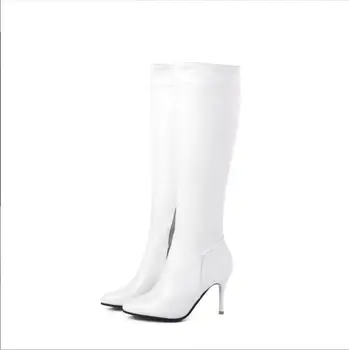 Модные женские осенне-зимние сапоги до колена, женские модные ботинки на высоком каблуке, женские ботинки из искусственной кожи, черные, белые туфли на молнии с длинным рукавом