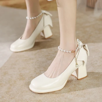 Белые женские туфли-лодочки, Элегантные туфли Мэри Джейн на высоком каблуке с бантиками, жемчужный ремешок на щиколотке, свадебные туфли на толстом каблуке, женские туфли