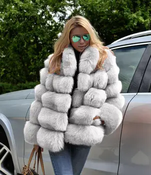 Зимнее женское пальто, Модная роскошная шуба из искусственного лисьего меха, воротник-стойка, пальто из искусственного меха с длинными рукавами