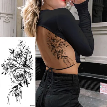 Большой Размер, черный цветочный узор, поддельная татуировка, наклейка для женщин, временные татуировки в горошек, Роза, Пион, сделай САМ, Татуировки с переносом воды для девочек