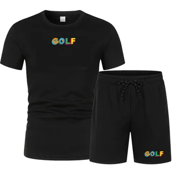 Zomer Golf Logo Kleur Afdrukken Mannen Sportkleding Tweedelige Pak Fitness Uniform Korte Mouwen Blauw T-shirt + shorts