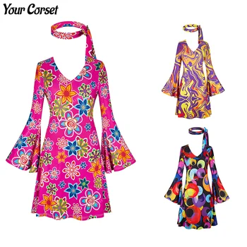 Платье для дискотеки 70-х, женский костюм для дискотеки 70-х, красочный наряд для дискотеки 70-х, платье в стиле хиппи 70-х, необычное платье на Хэллоуин с цветочным рисунком