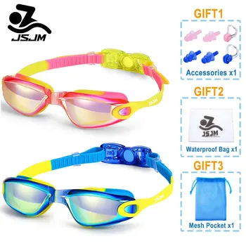 JSJM Профессиональные красочные детские силиконовые очки для плавания, Противотуманные УФ-очки для плавания, Водонепроницаемые силиконовые очки для плавания для детей