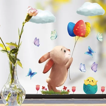 Милые Пасхальные наклейки на окно, Мультяшный кролик, наклейки на стену с кроликом, наклейки с надписью Happy Easter Diy Decoration Poster