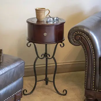 Круглый приставной столик из дерева и металла с 1 ящиком для кофе эспрессо
