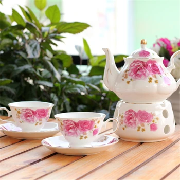 6шт Европейский Керамический Цветочный Чайный Сервиз Британский Послеобеденный Черный Чайный Сервиз Нагреваемый Стеклянный Чайник Фарфоровые Чайные Чашки И Блюдца