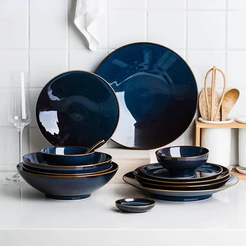 1 / 2 / 4 набор посуды темно-синий керамический ретро глазированный семейный набор мисок для риса