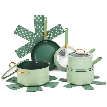Набор посуды Grainte с антипригарным покрытием Thyme & Table из 12 предметов, зеленые кастрюли и сковородки для приготовления пищи