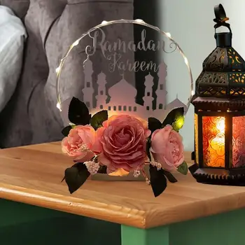 Ид Мубарак Цветок Настольное Украшение со Светодиодной Лампой с Металлическим Обручем для Рамадана Карим Венок Исламское Вечернее Украшение 2023 Новый