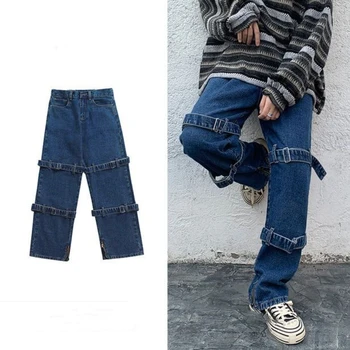 Мужские джинсы в стиле хип-хоп в европейском и американском стиле High street Y2k с индивидуальными ремешками уличные черные/синие прямые свободные джинсовые брюки