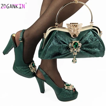 Темно-зеленый Комплект итальянских женских туфель и сумки нового дизайна с платформой, африканские женские туфли и сумка в тон для свадебной вечеринки