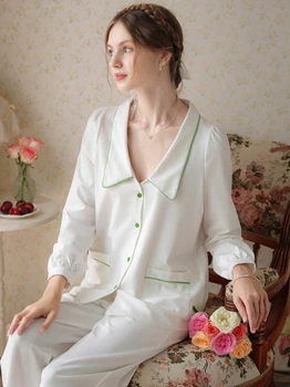 Женская пижама из чистого хлопка, Французская придворная оригинальная ночная одежда для отдыха, Рубашка с длинным рукавом, Брюки, костюм-двойка, Винтажная пижама