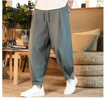Японские Свободные Мужские хлопчатобумажные льняные брюки, мужские летние новые дышащие однотонные льняные брюки, уличная одежда для фитнеса, большие размеры M-5XL