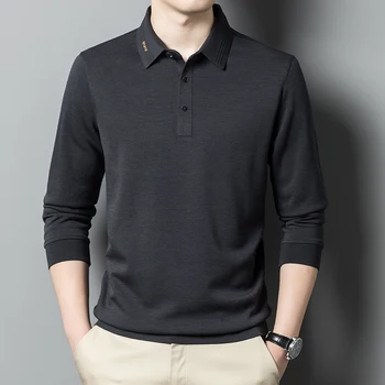 Зимняя шерстяная футболка с длинными рукавами, мужская рубашка-поло с отворотом для молодых и средних лет, повседневная Нижняя рубашка-поло, топ