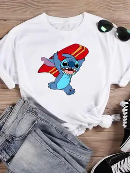 Летняя футболка Disney Stitch, женские футболки с рисунком пляжных каникул, повседневная модная одежда с принтом