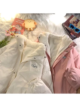 2022 Зимняя Корейская мода Толстый воротник-стойка, Пальто с хлопковой подкладкой, Женская однотонная Повседневная Хлопковая куртка из флиса, Свободная теплая одежда